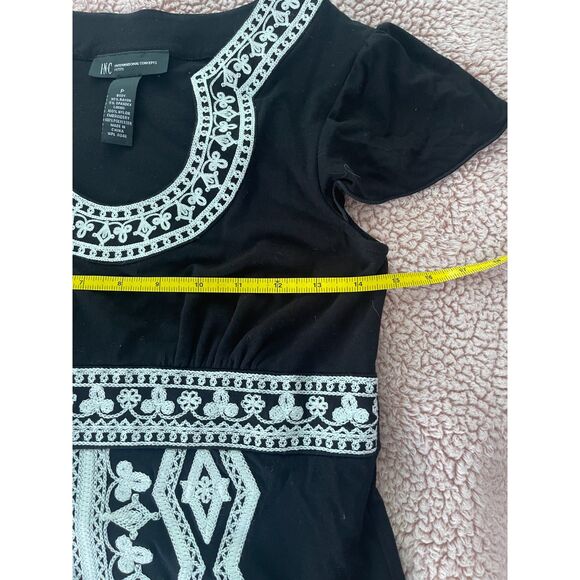 INC International Concepts Embroidered Black & Ivory Short Sleeve Dress Size P  - Picture 4 of 5